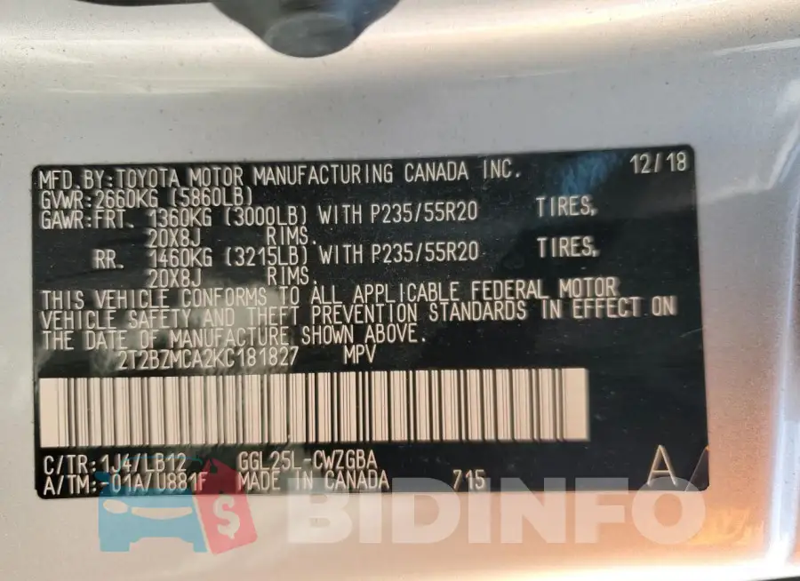 2T2BZMCA2KC181827 Photo# 14