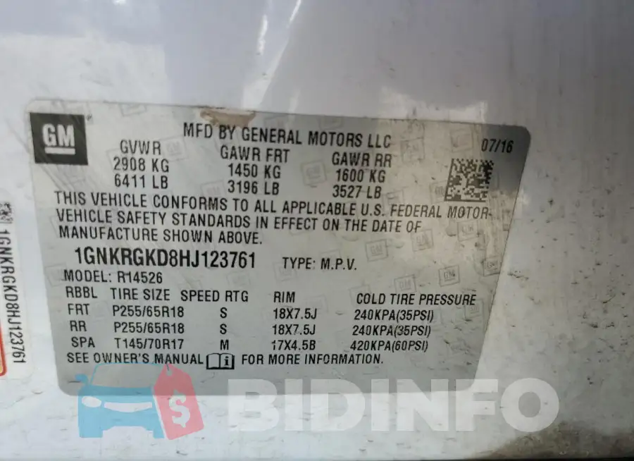 1GNKRGKD8HJ123761 Photo# 13