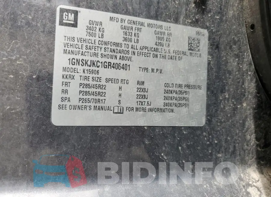 1GNSKJKC1GR406401 Photo# 13