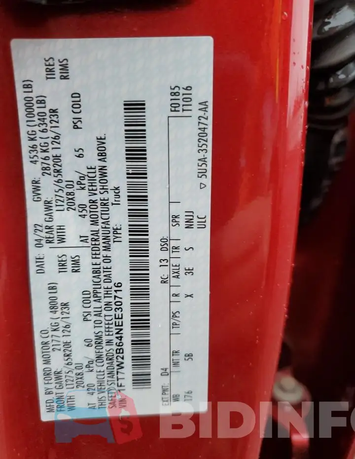 1FT7W2B64NEE30716 Photo# 12