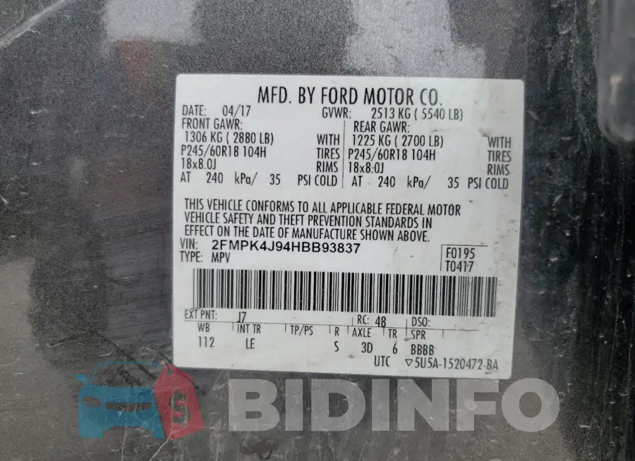 2FMPK4J94HBB93837 Photo# 14