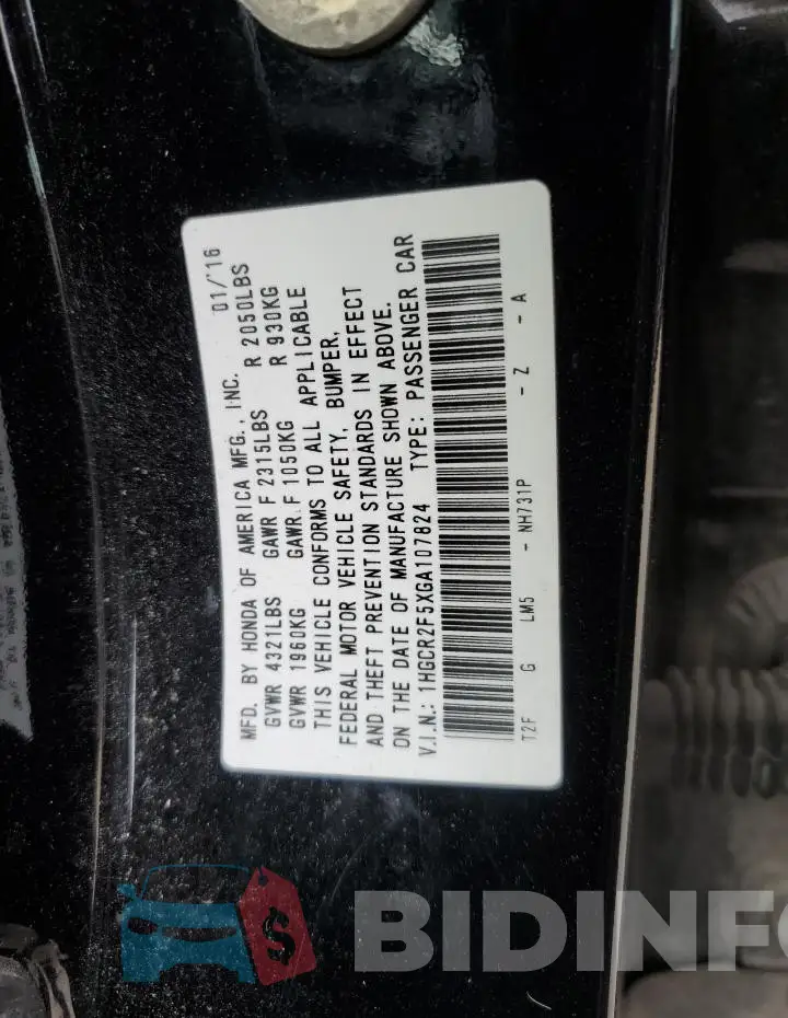 1HGCR2F5XGA107824 Photo# 12