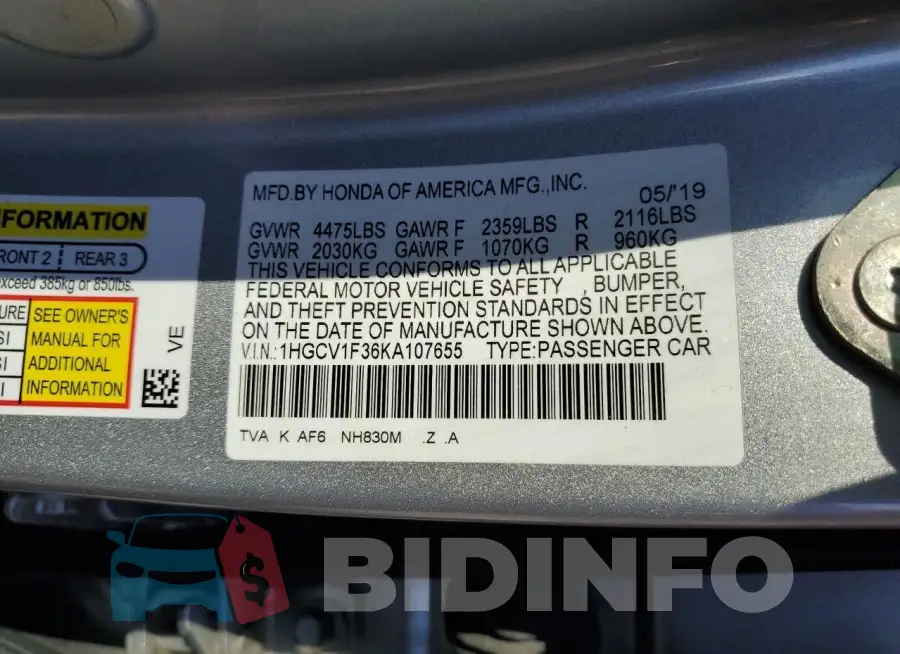 1HGCV1F36KA107655 Photo# 13