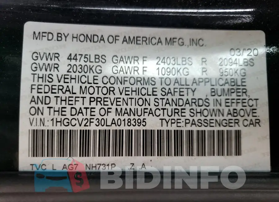 1HGCV2F30LA018395 Photo# 12