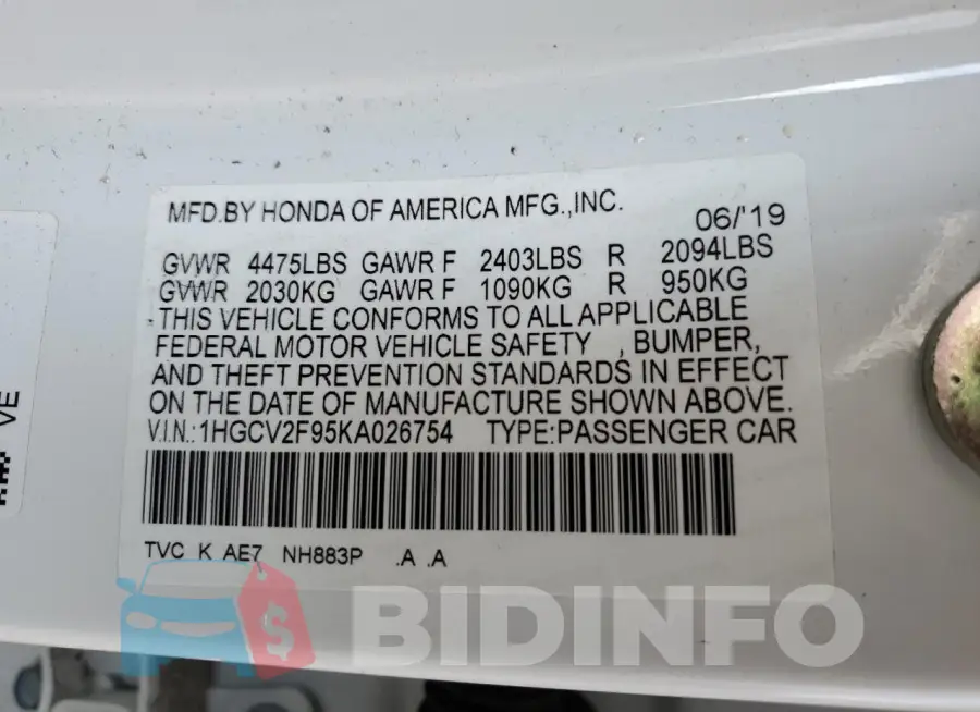 1HGCV2F95KA026754 Photo# 12