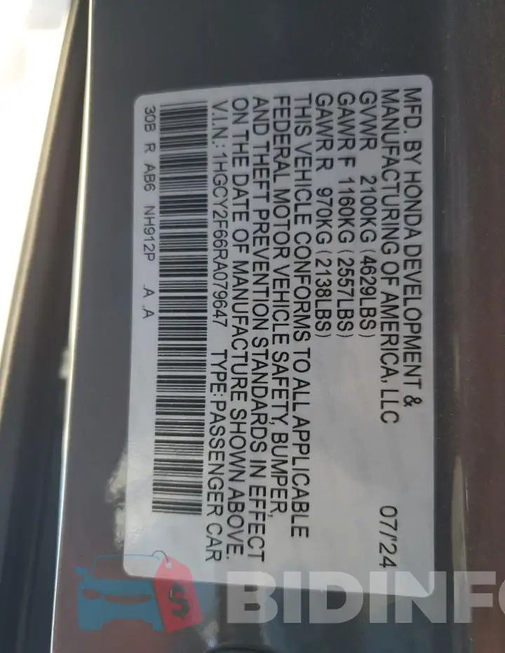 1HGCY2F66RA079647 Photo# 12