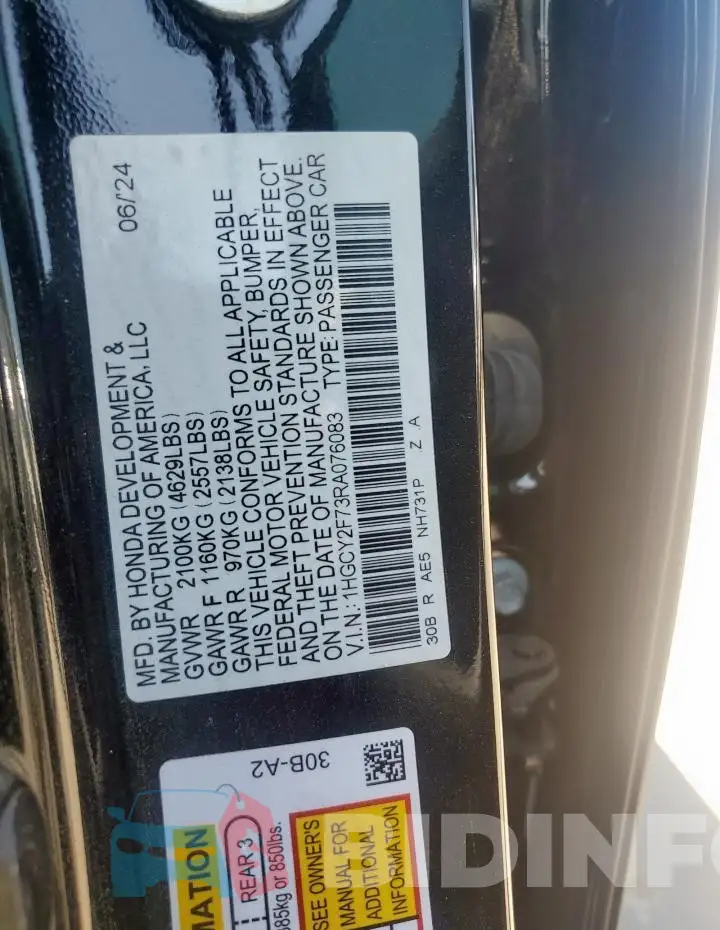 1HGCY2F73RA076083 Photo# 12