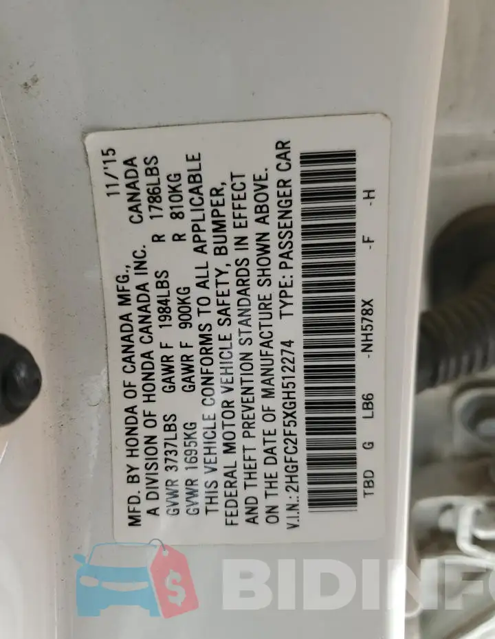 2HGFC2F5XGH512274 Photo# 12
