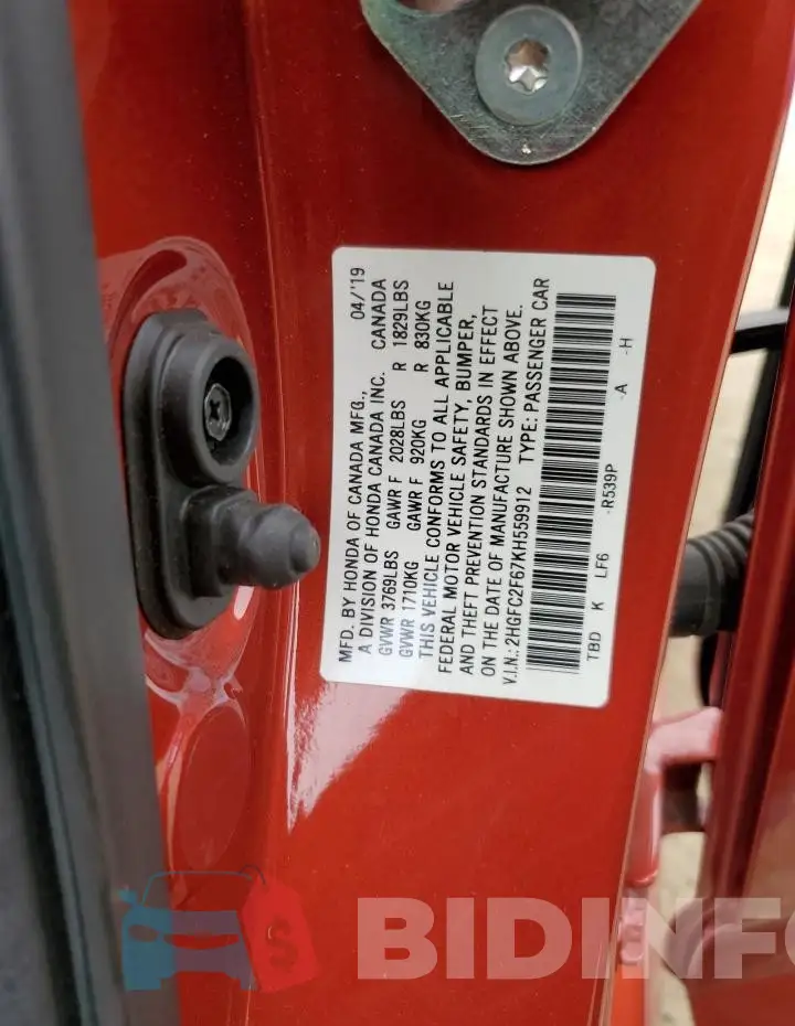 2HGFC2F67KH559912 Photo# 12