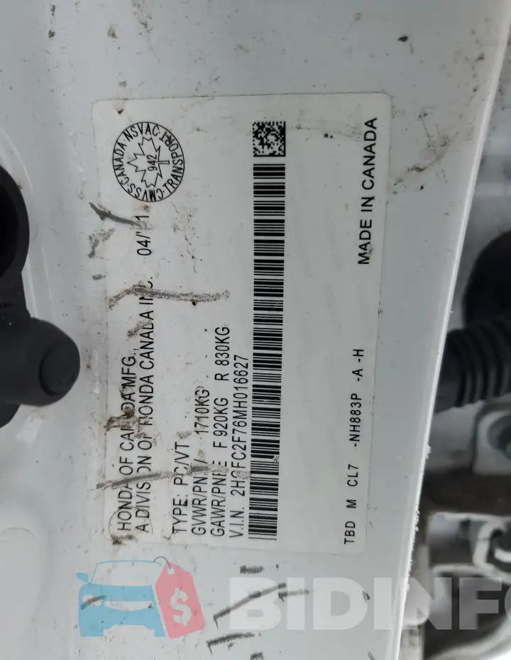 2HGFC2F76MH016627 Photo# 12