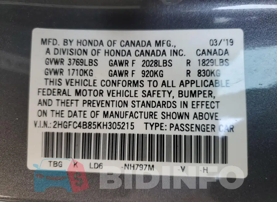 2HGFC4B85KH305215 Photo# 12