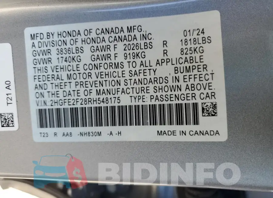 2HGFE2F28RH548175 Photo# 12