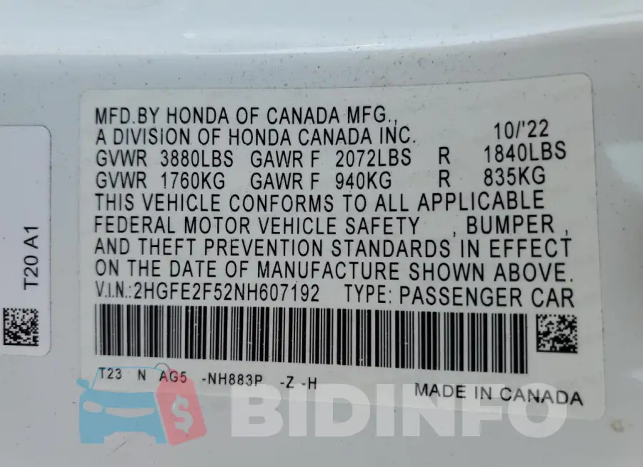 2HGFE2F52NH607192 Photo# 12