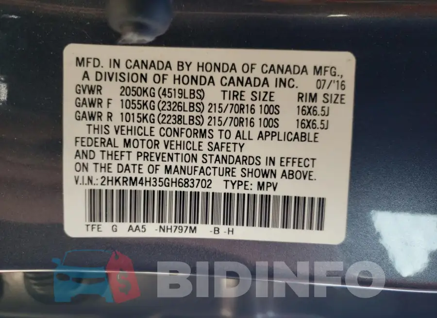 2HKRM4H35GH683702 Photo# 14
