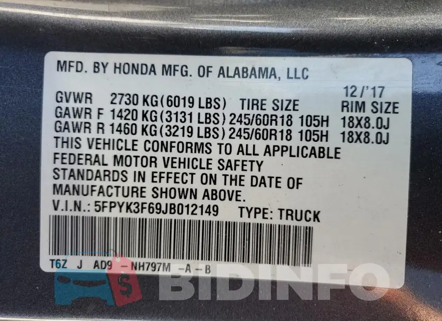 5FPYK3F69JB012149 Photo# 12