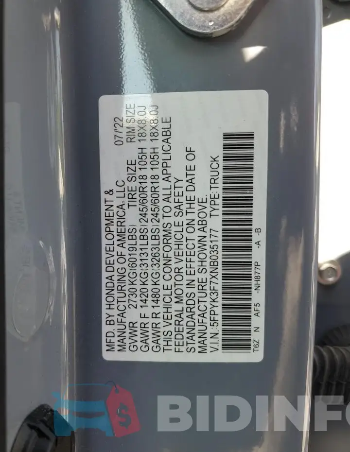 5FPYK3F7XNB035177 Photo# 12