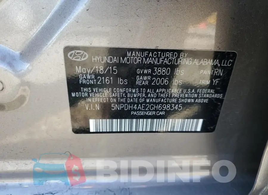 5NPDH4AE2GH698345 Photo# 12