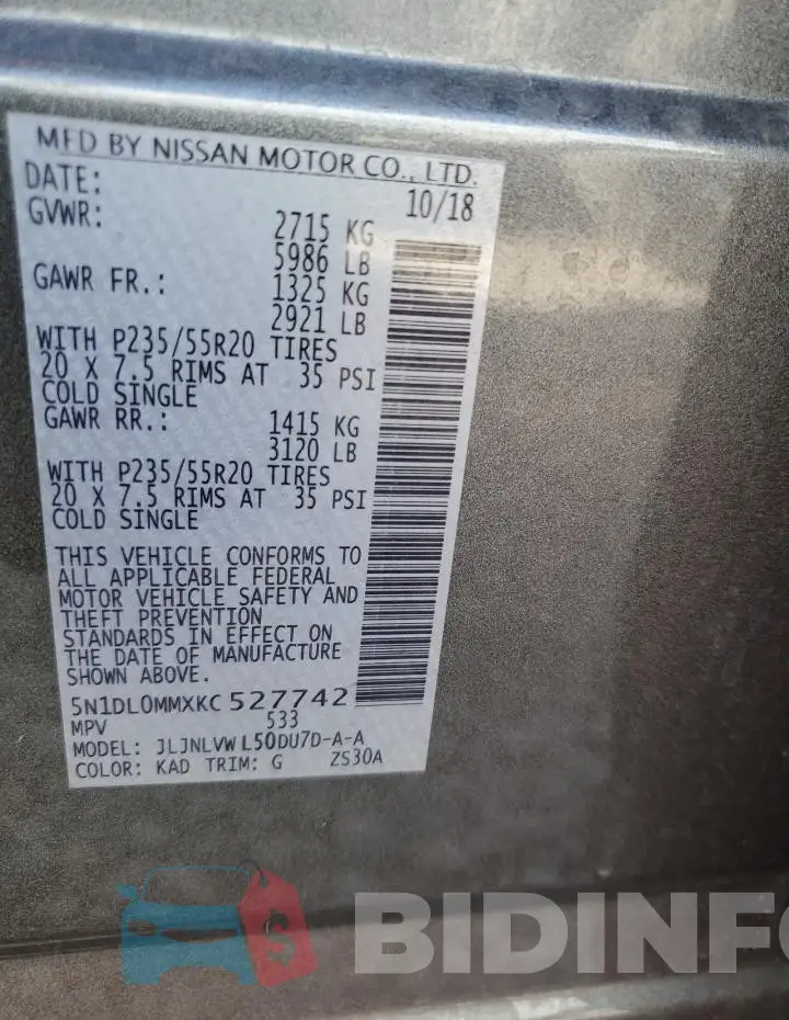 5N1DL0MMXKC527742 Photo# 13