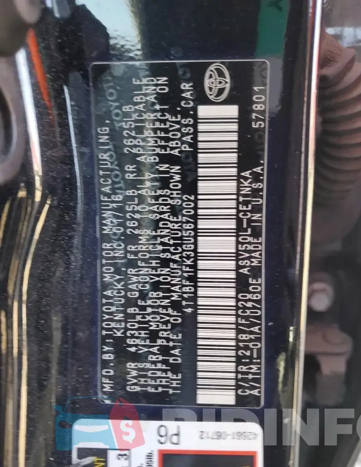4T1BF1FK3GU567002 Photo# 13