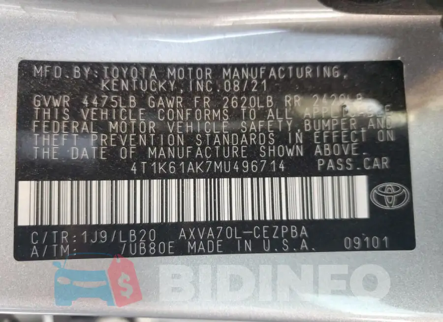 4T1K61AK7MU496714 Photo# 12