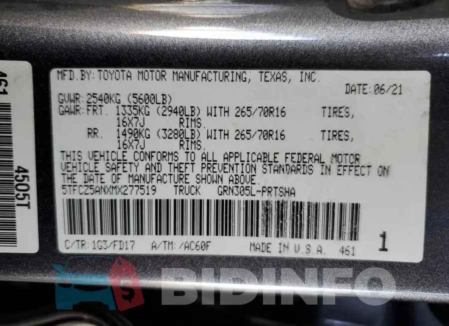 5TFCZ5ANXMX277519 Photo# 12