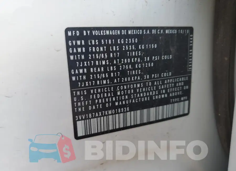 3VV1B7AX7KM018936 Photo# 13