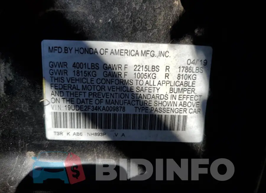 19UDE2F34KA009878 Photo# 13
