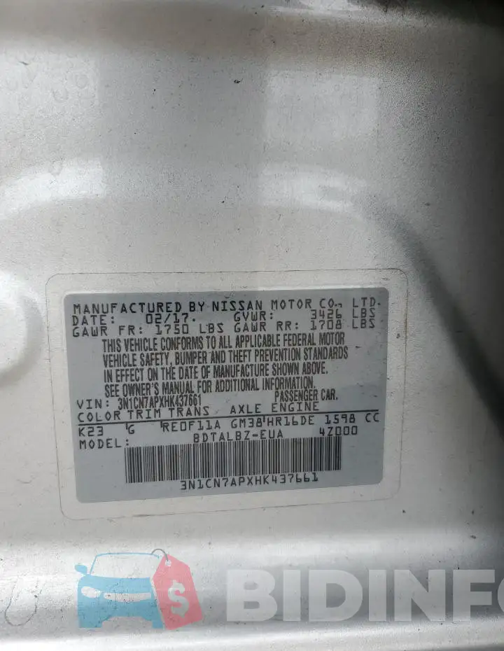 3N1CN7APXHK437661 Photo# 12