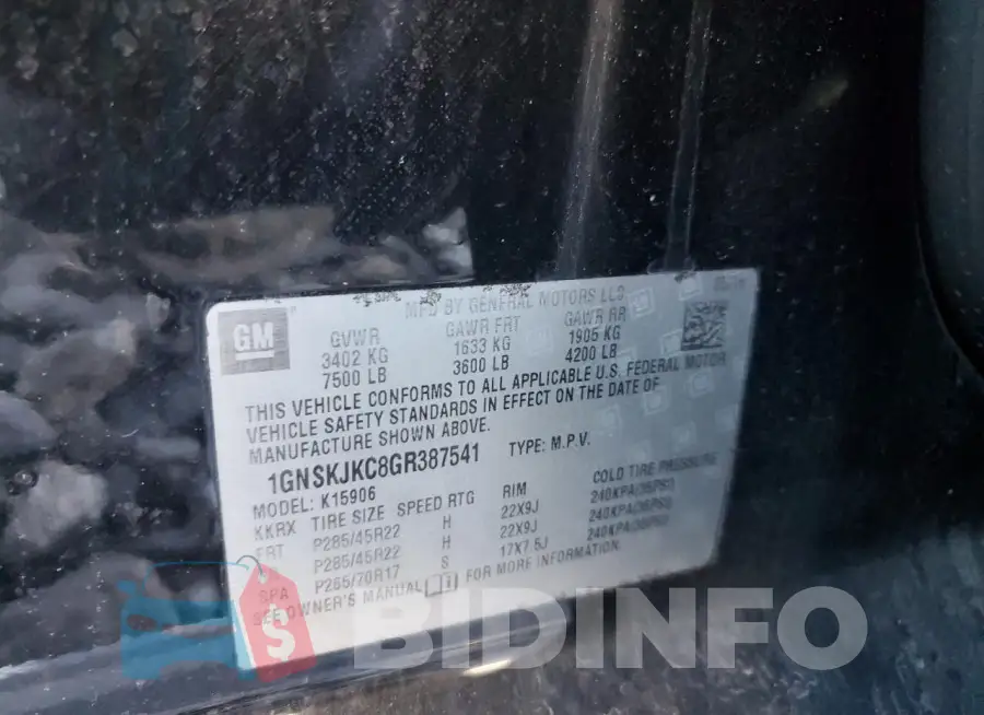1GNSKJKC8GR387541 Photo# 13