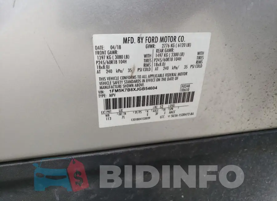 1FM5K7B8XJGB54604 Photo# 13