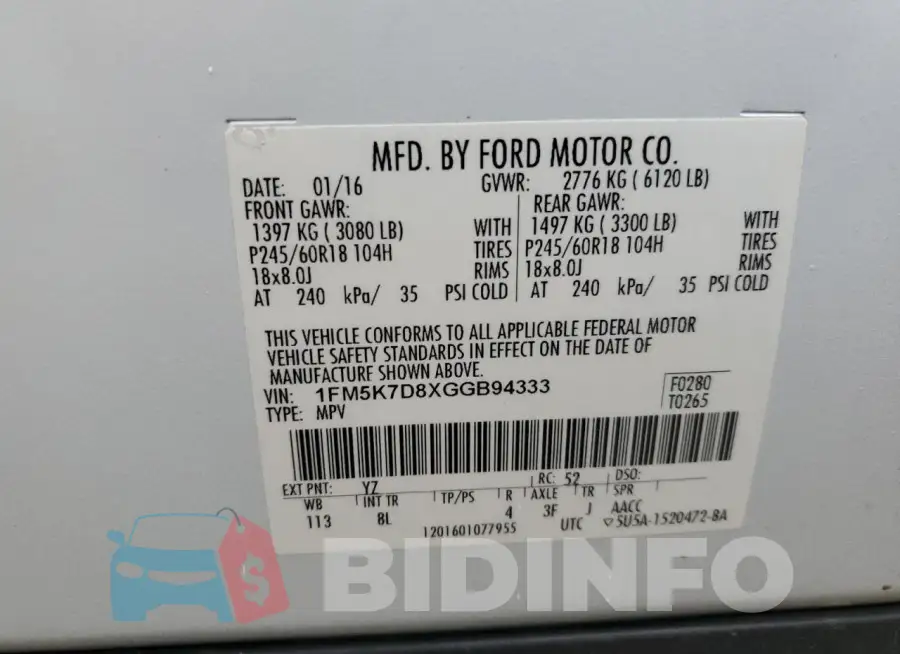 1FM5K7D8XGGB94333 Photo# 13