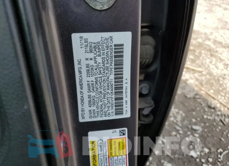 1HGCV1F12KA006711 Photo# 12