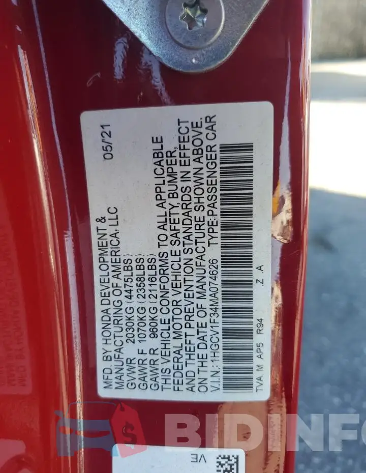 1HGCV1F34MA074626 Photo# 13