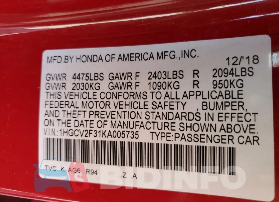 1HGCV2F31KA005735 Photo# 12