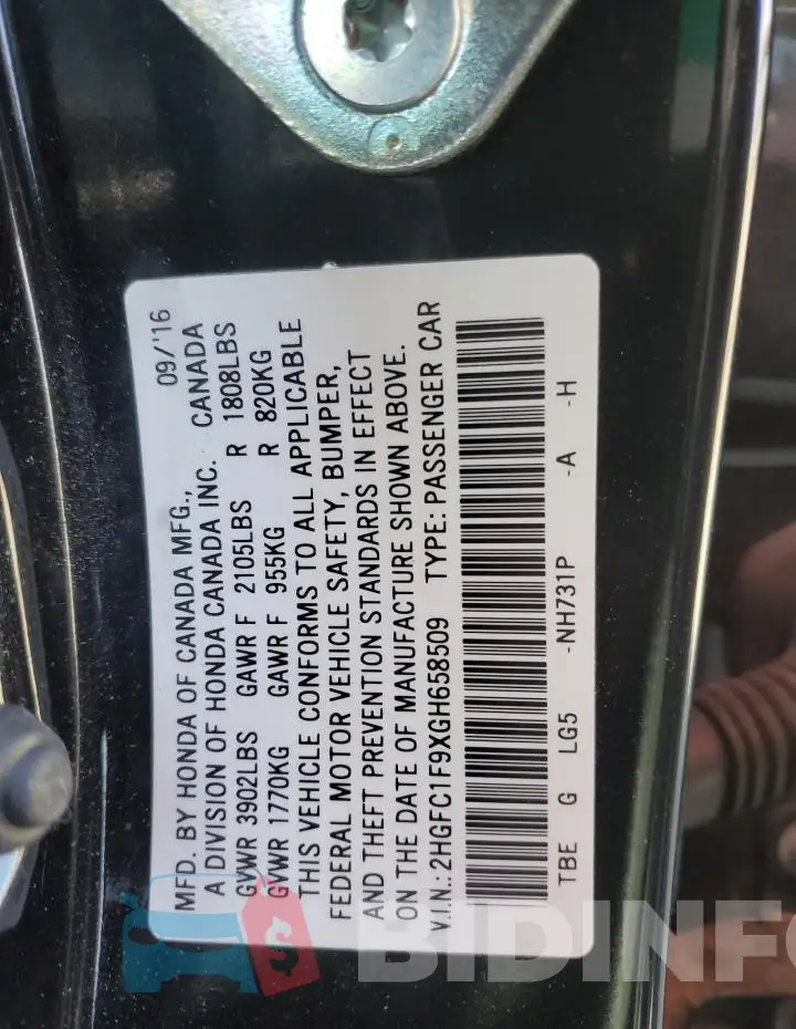 2HGFC1F9XGH658509 Photo# 12