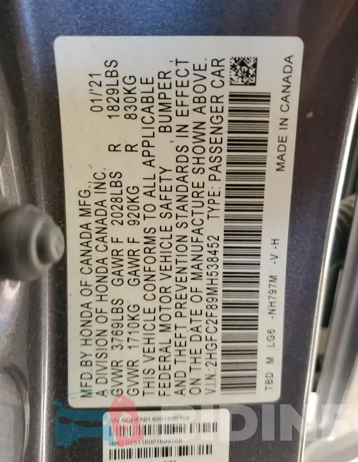 2HGFC2F89MH538452 Photo# 13