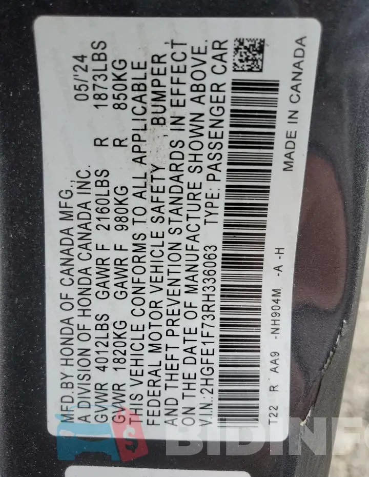 2HGFE1F73RH336063 Photo# 12