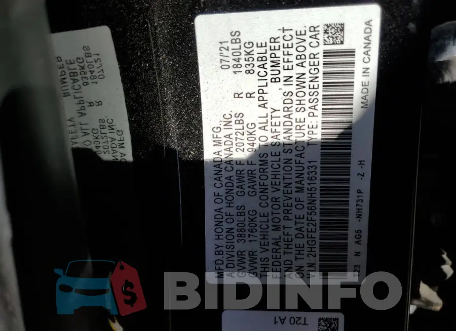 2HGFE2F56NH516331 Photo# 13