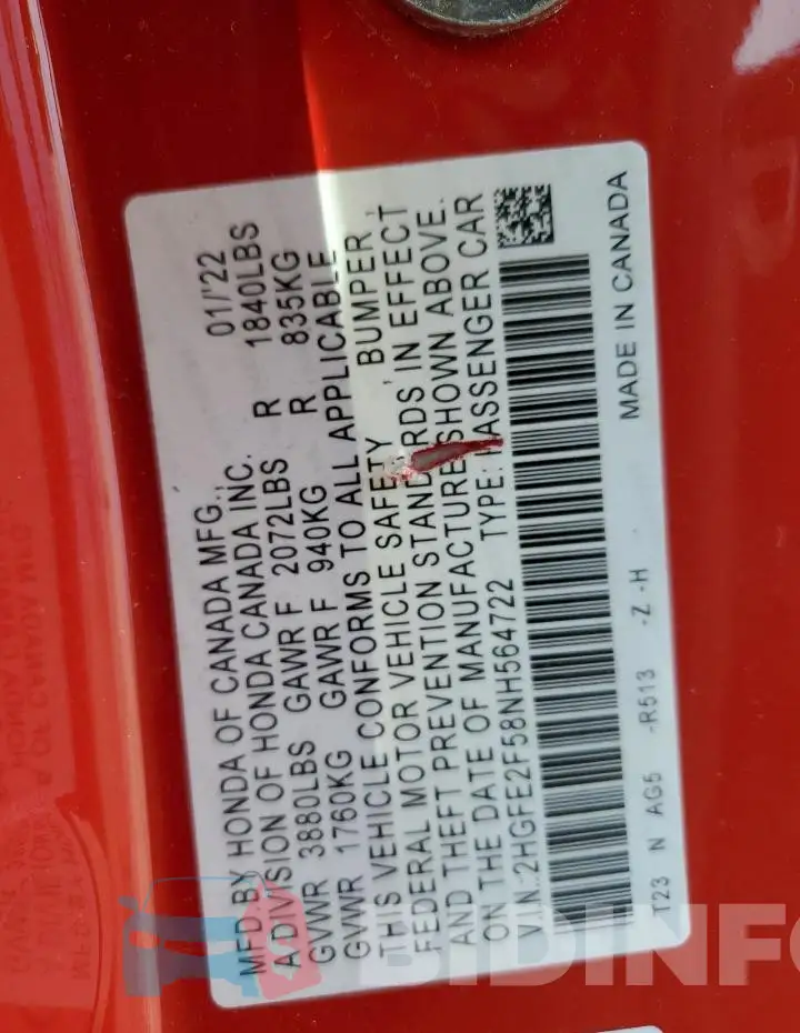 2HGFE2F58NH564722 Photo# 12