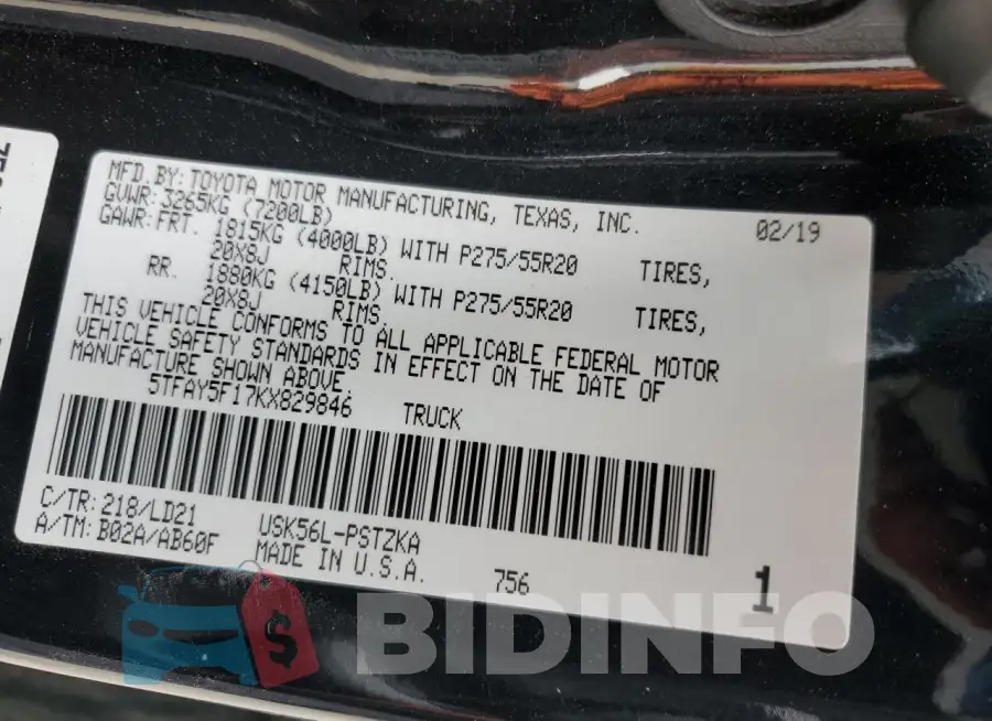 5TFAY5F17KX829846 Photo# 13