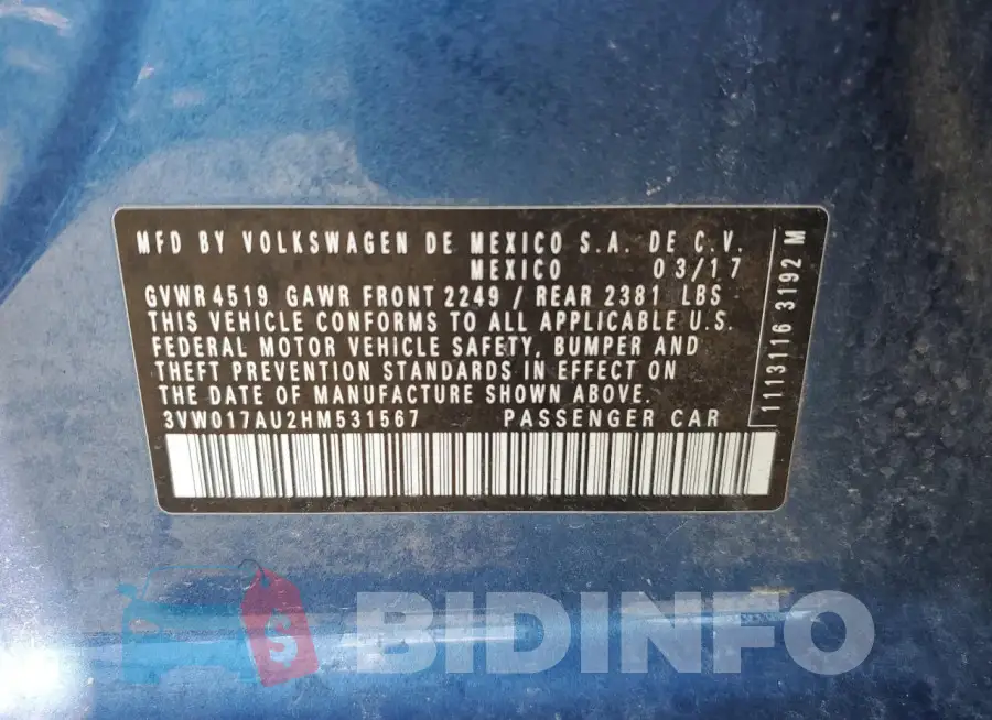 3VW017AU2HM531567 Photo# 13