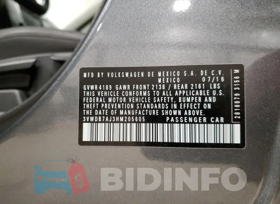 3VWDB7AJ3HM205605 Photo# 13