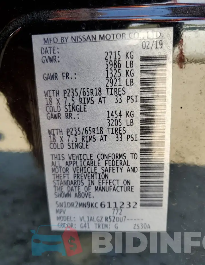 5N1DR2MN9KC611232 Photo# 13