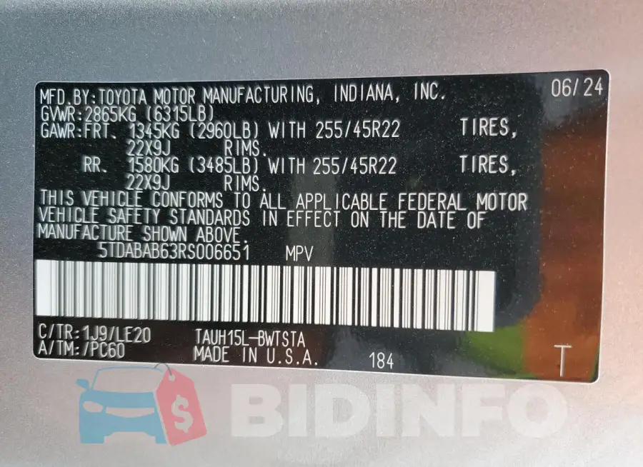 5TDABAB63RS006651 Photo# 14
