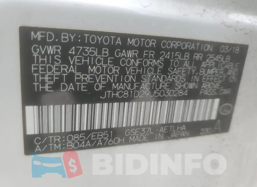 JTHC81D29J5030284 Photo# 12