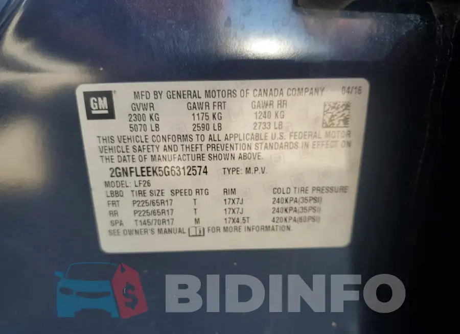 2GNFLEEK5G6312574 Photo# 13
