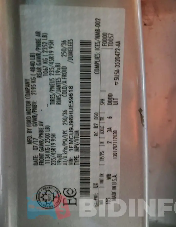 1FMCU9J98HUE59618 Photo# 12