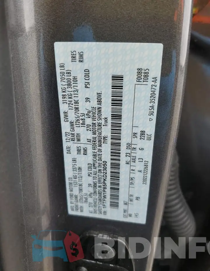 1FTFW1P85PKD23050 Photo# 12