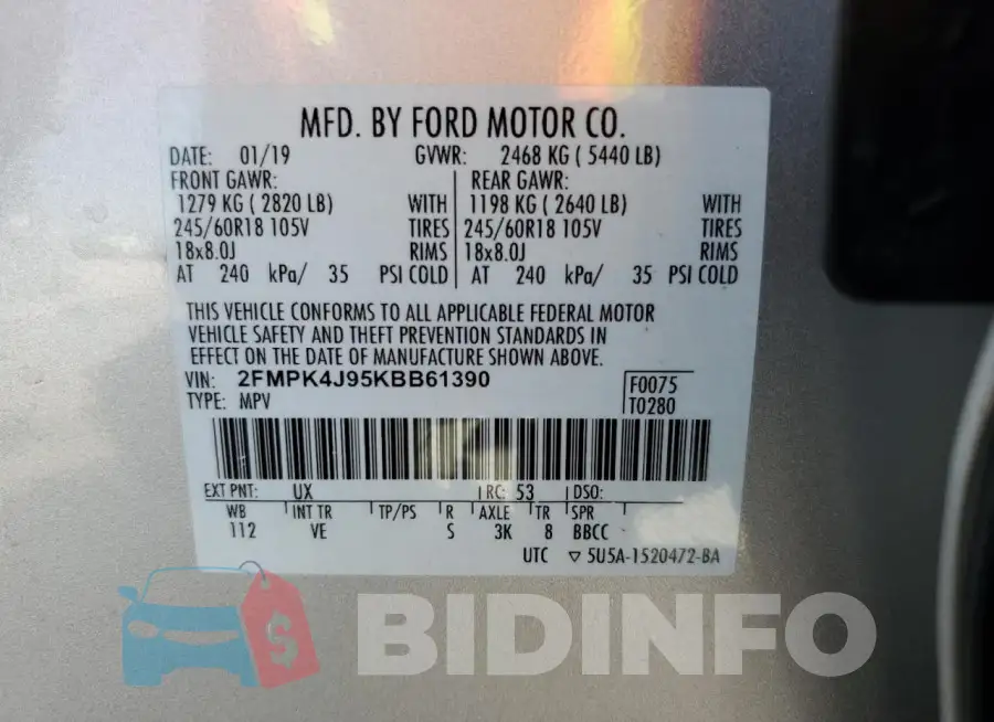 2FMPK4J95KBB61390 Photo# 12