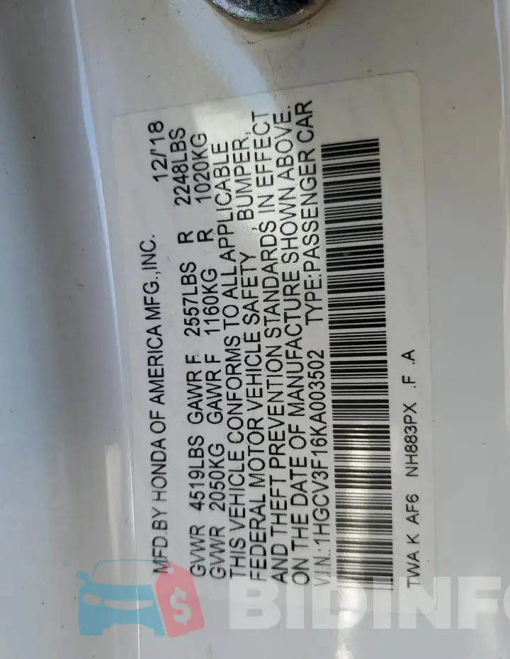 1HGCV3F16KA003502 Photo# 12